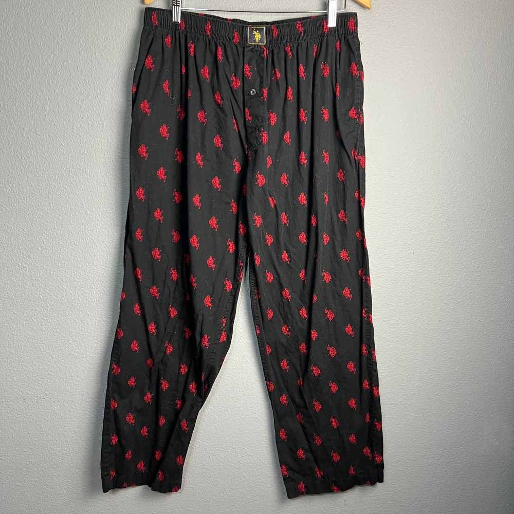 US Polo Assn Mens Cotton Sleepwear Pajama Pants Lounge Black Red Logo XL